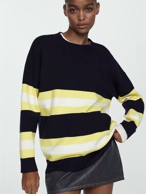 Mango Striped Crewneck Sweater in Black, Yellow & White